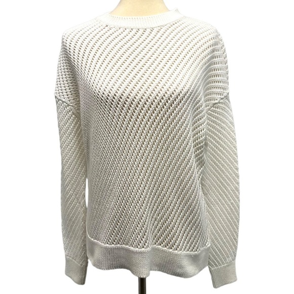 Vince Optic White Cotton Open Weave Crochet Knit Crew Neck Sweater Small - Picture 2 of 11